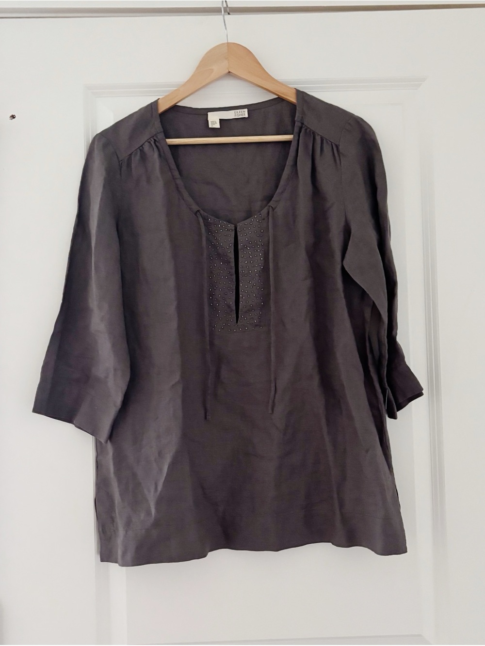 Eileen Fisher Irish Linen Keyhole Beaded Top Lagenlook Coastal Neutral